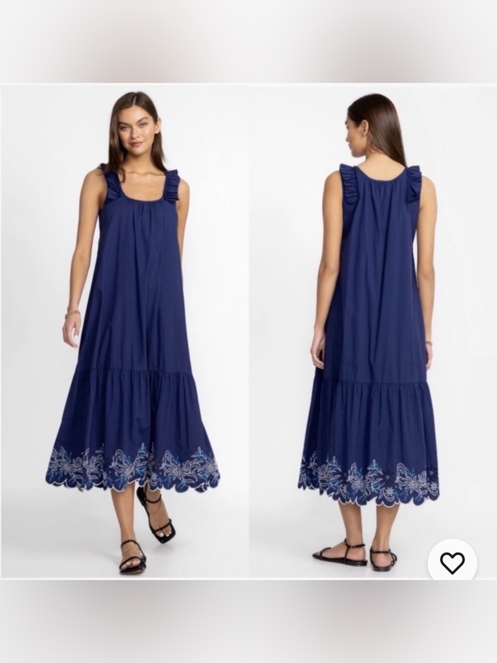 New Johnny Was Large Yoko Eyelet Maxi Dress Blue Cotton Embroidered $255